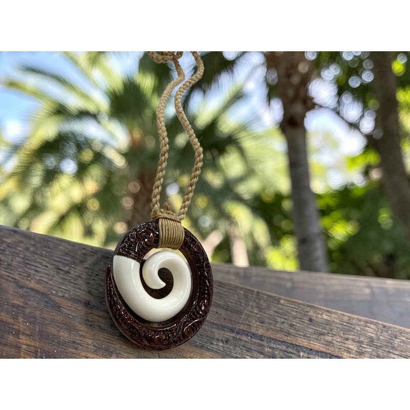 Koa and Bone Spiral with Engravings Necklace