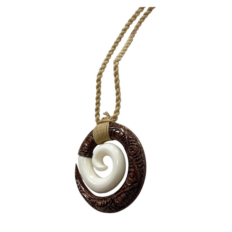 Koa and Bone Spiral with Engravings Necklace