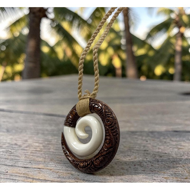 Koa and Bone Spiral with Engravings Necklace