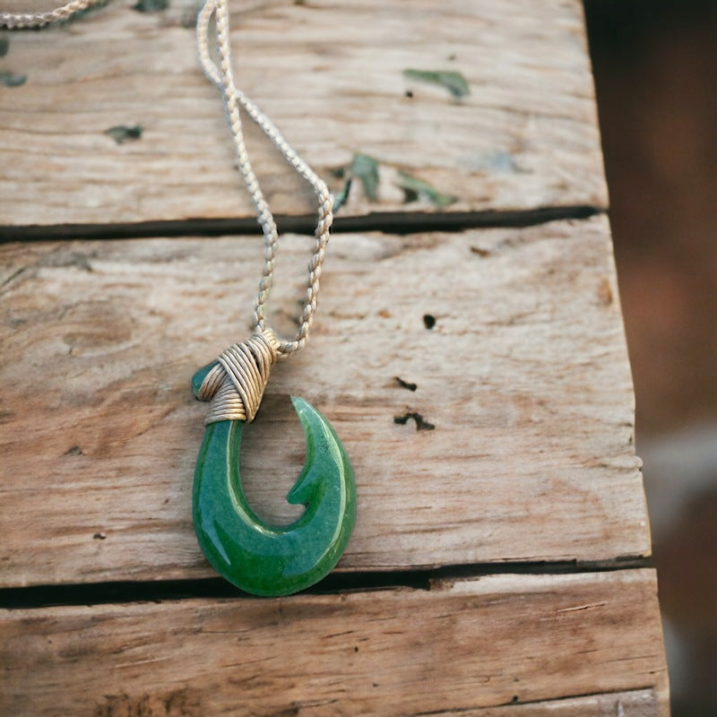Hawaiian Natural Jade Fish Hook Necklace Hand Carved Jade Hook