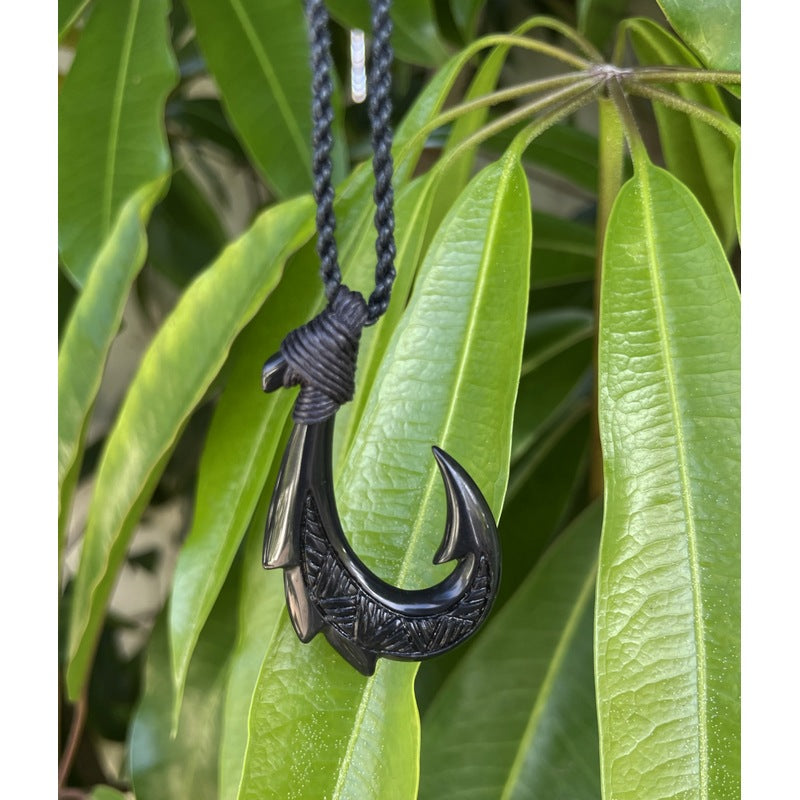 Earthbound Kiwi Hand Carved Genuine Nephrite Jade Extra Large Fish Hook Necklace