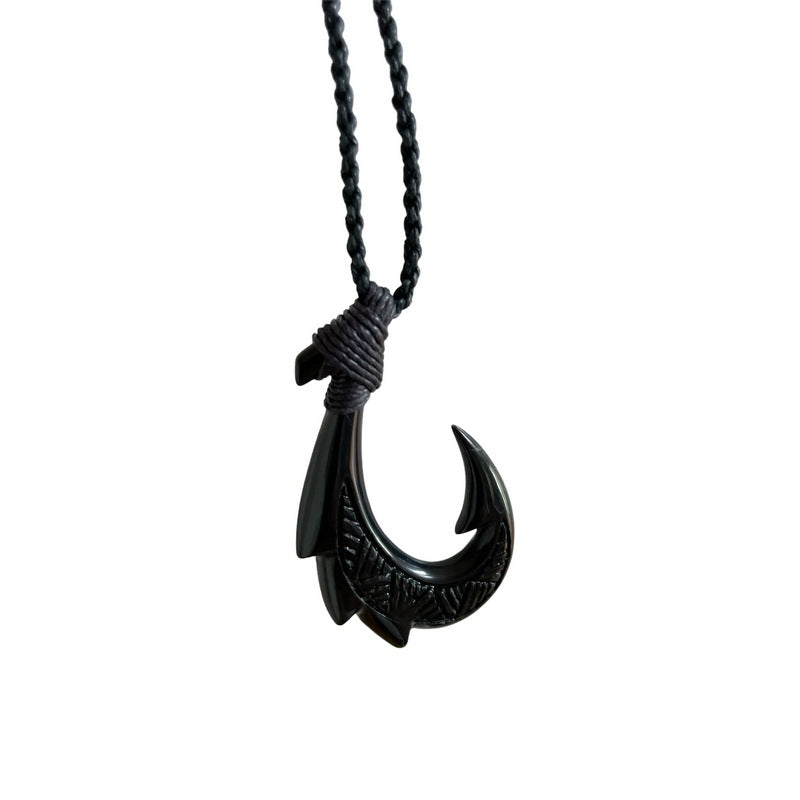 black jade fish hook Black Jade Fish Hook Necklace