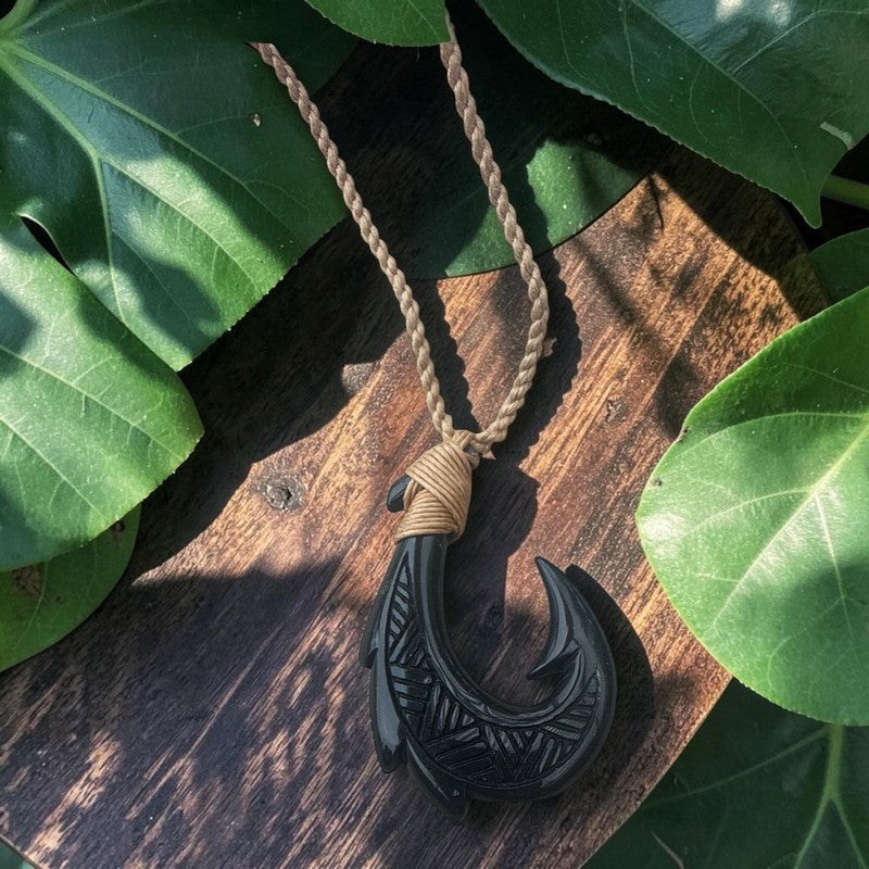 Black Jade Fish Hook Necklace