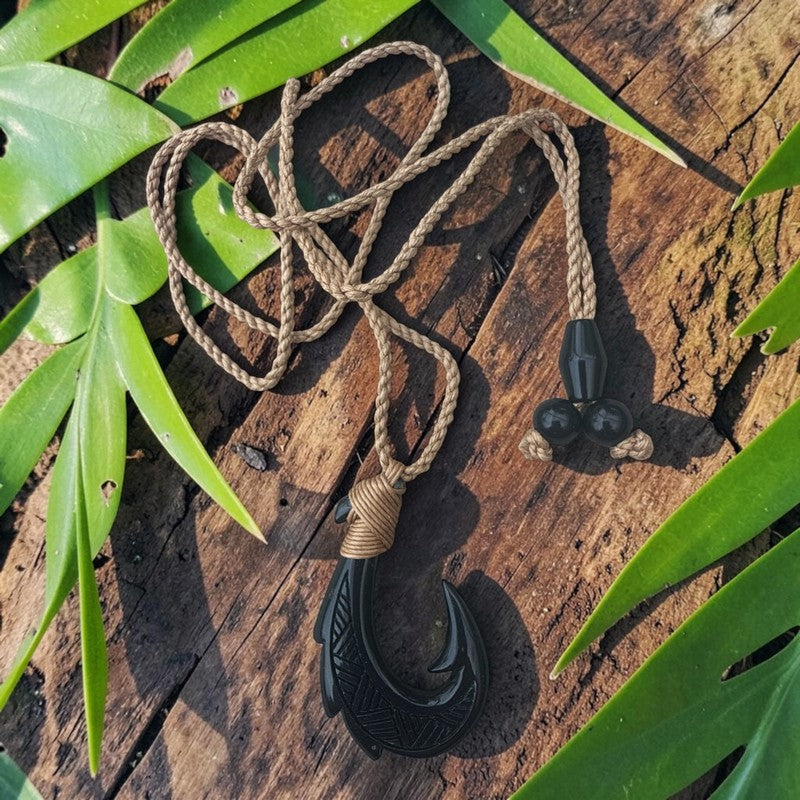 Black Jade Fish Hook Necklace