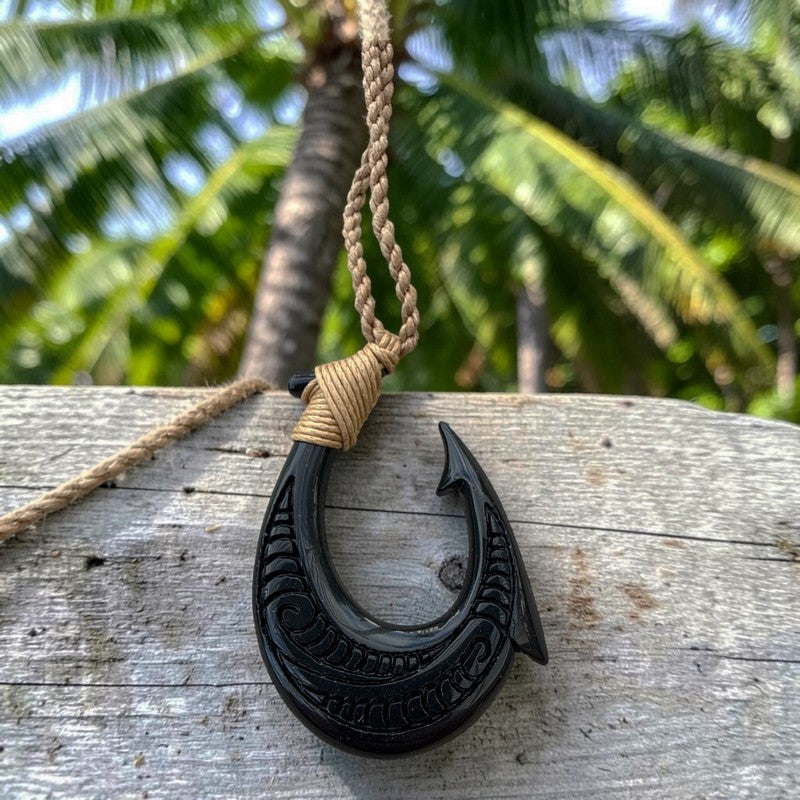 Black Jade Fish Hook Necklace