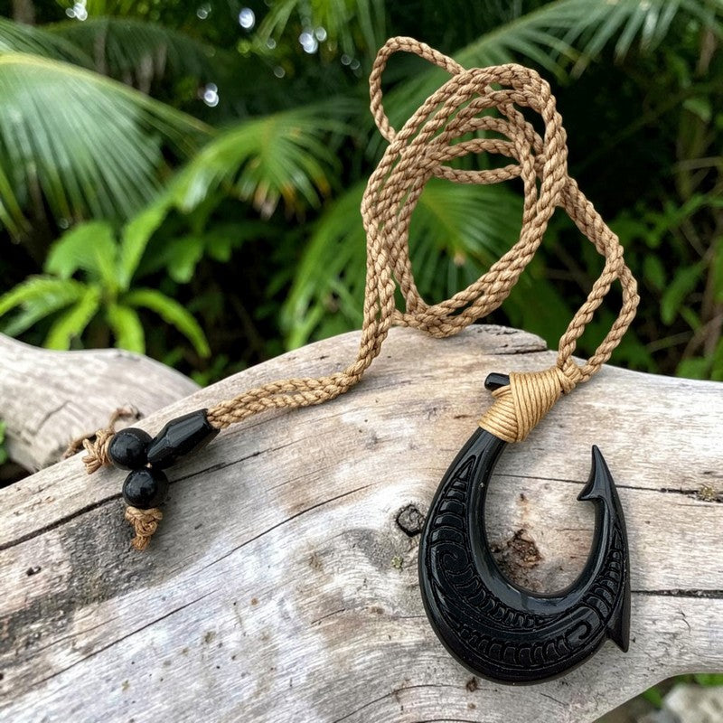 A carved black fishhook pendant necklace with a natural tan rope cord, displayed on a weathered wooden log with lush green tropical foliage in the background.