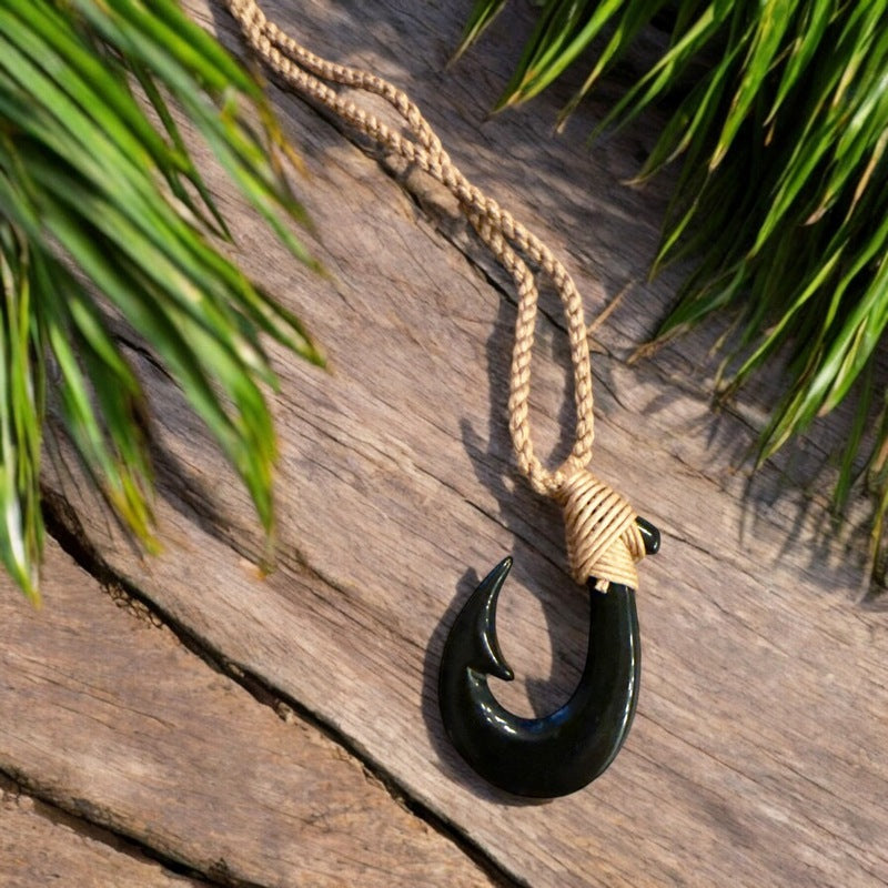 Black Jade Fish Hook Necklace - Hawaiian Makau – Makana Hut