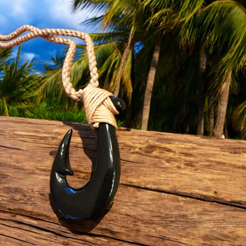 Black Jade Fish Hook Necklace - Hawaiian Makau – Makana Hut