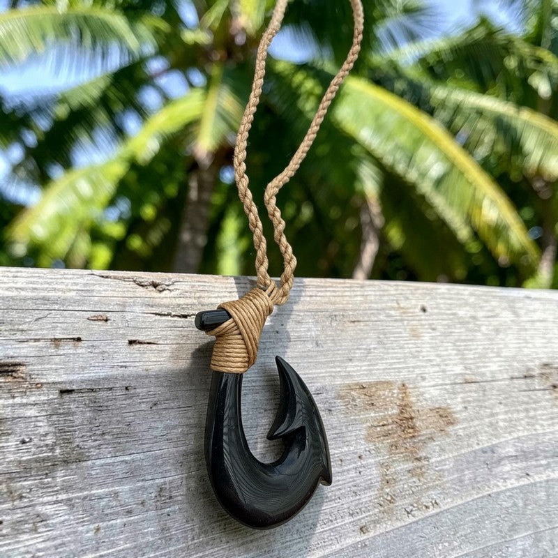 Black Jade Fish Hook Necklace