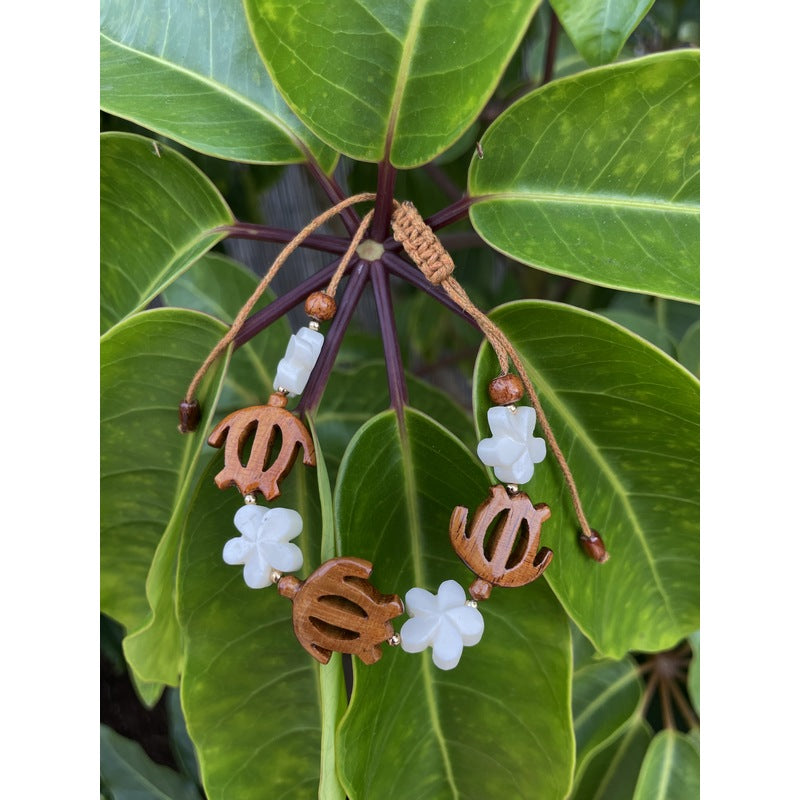 Koa Sea Turtles and Bone Plumeria Flower Adjustable Bracelet