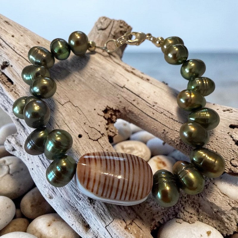 Olive Freshwater Pearls with Fig Cone Shell Bracelet