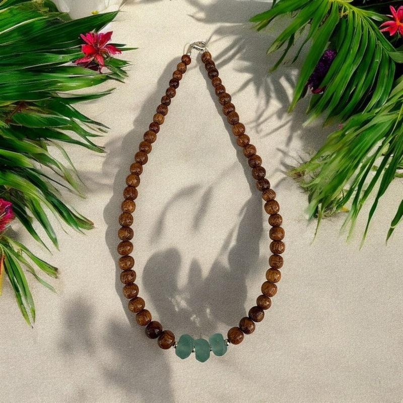 Koa and Beach Glass | Necklace 8mm