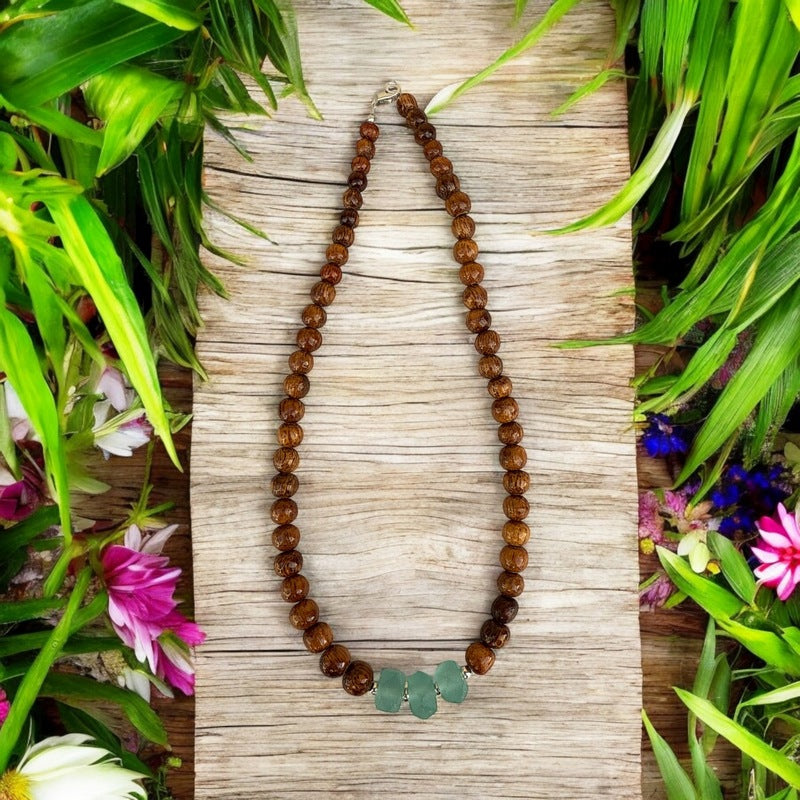 Koa and Beach Glass | Necklace 8mm