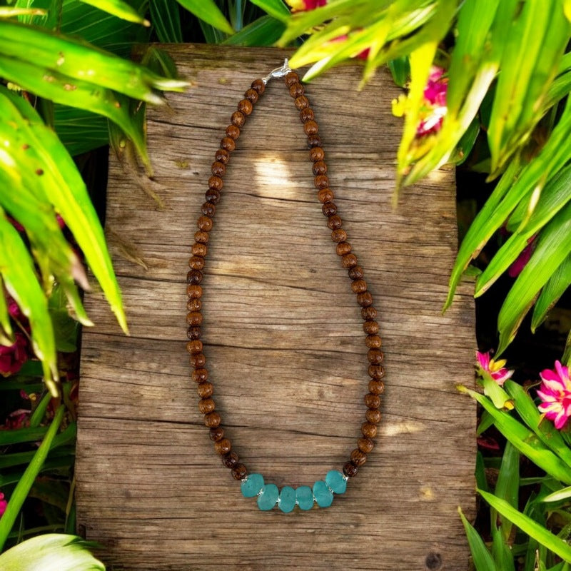 Koa and Seafoam Beach Glass | Necklace 8mm