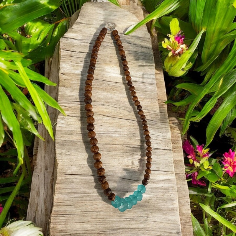 Koa and Seafoam Beach Glass | Necklace 8mm