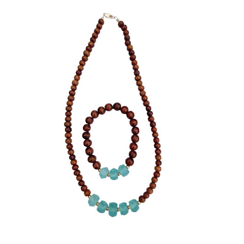 Koa and Beach Glass  Necklace 8mm with Bracelet