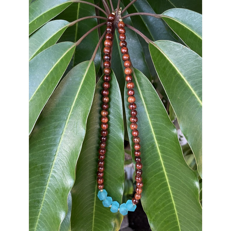 Koa and Turquoise Beach Glass | Necklace 6mm
