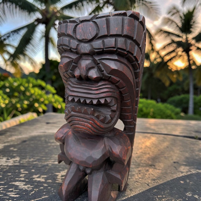 A carved wooden tiki mug or tiki statue with a fierce face and crown, photographed outdoors on a table with palm trees and warm sunset light in the background.