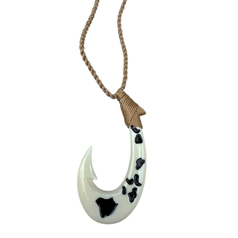 Fishing hook pendant on a rope with a white background