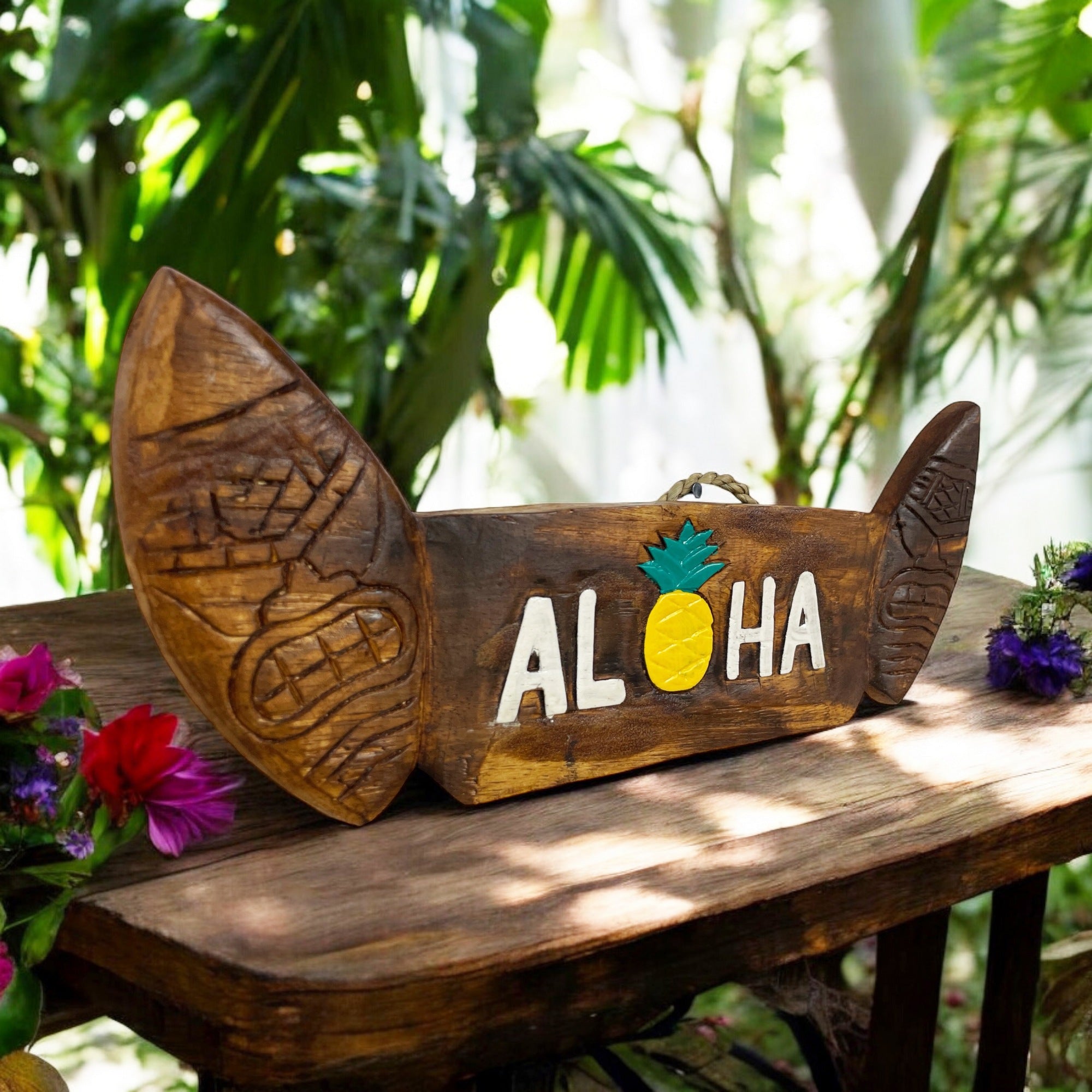 Aloha Pineapple w/ Tiki Surfboards | Tropical Sign 15"