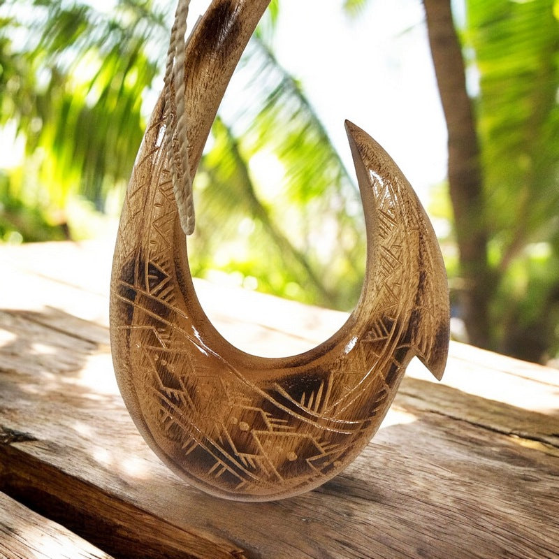 carved fishing hook Koa Wood Maui Fish inch home dcor piece Kaena Fish Hook Necklace for