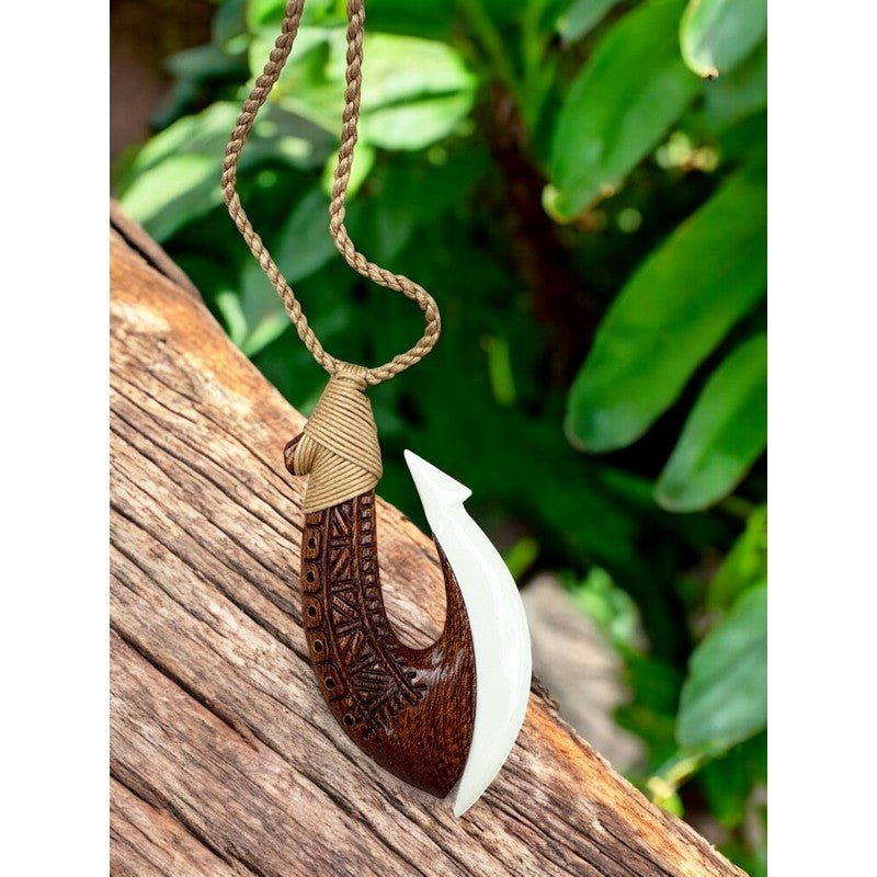 Koa and Buffalo Bone Hawaiian Fish Hook with Engravings – Makana Hut