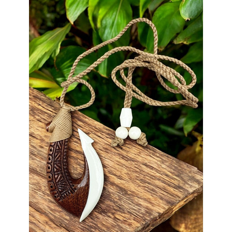 Koa and Buffalo Bone Hawaiian Fish Hook with Engravings