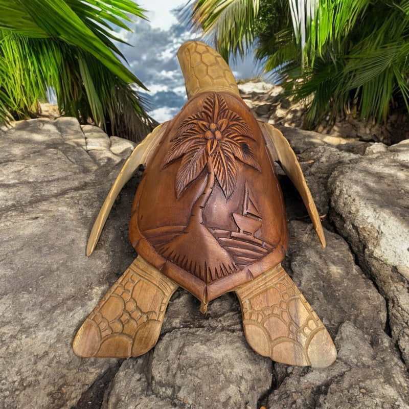 Hawaiian Sea Turtle with Palm Tree & Boat | Ocean Life 12"