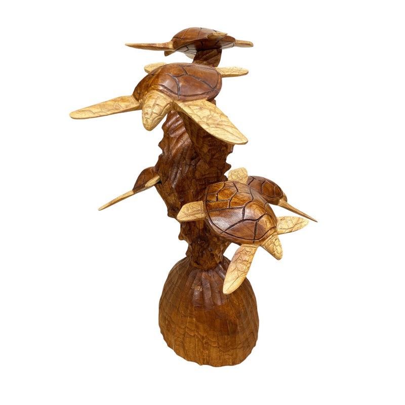 Five Turtle Carving on Stand | Sea Life Wood Art – Makana Hut