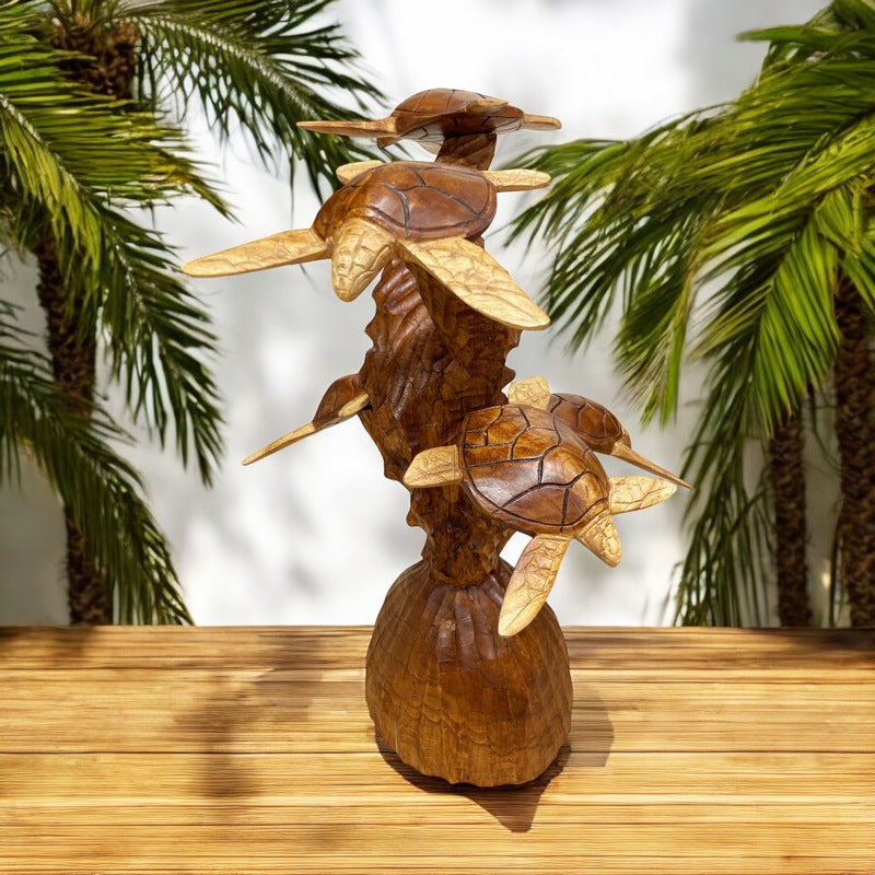 Five Turtle Carving on Stand | Sea Life Wood Art – Makana Hut
