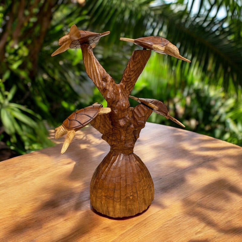 Five Turtle Carving on Stand | Sea Life Wood Art – Makana Hut