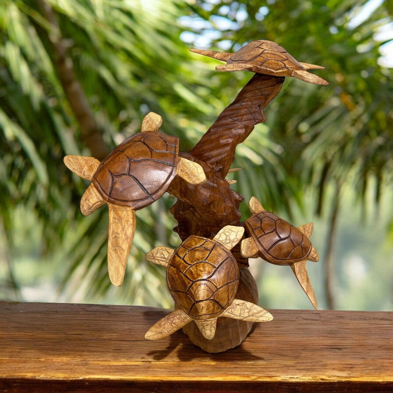 Five Turtle Carving on Stand | Sea Life 20"