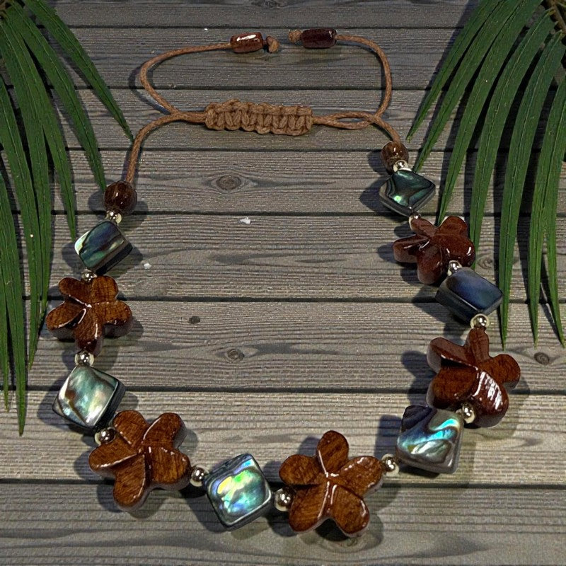 Koa Wood Plumeria & Paua Shell Adjustable Bracelet