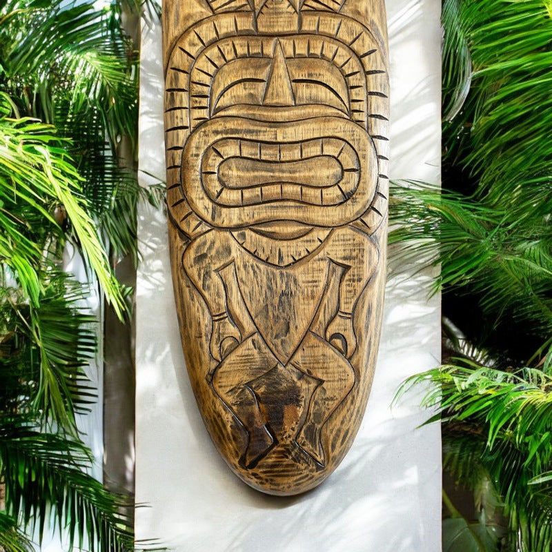 Rare One of a Kind Hand Carved Tiki Santa Bamboo factory Ben SIGNED 2019 Wood Decor Surf