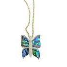 Butterfly-shaped pendant with colorful wings on a gold chain against a white background