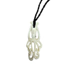 White octopus pendant on a black cord against a white background