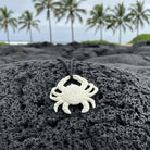 White crab pendant on a black cord against a backdrop of black volcanic rock and palm trees.