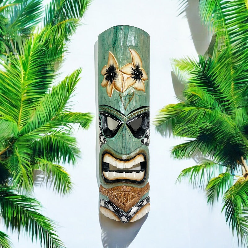 Tiki Mask with Plumeria Flowers | Polynesian Mask 20"