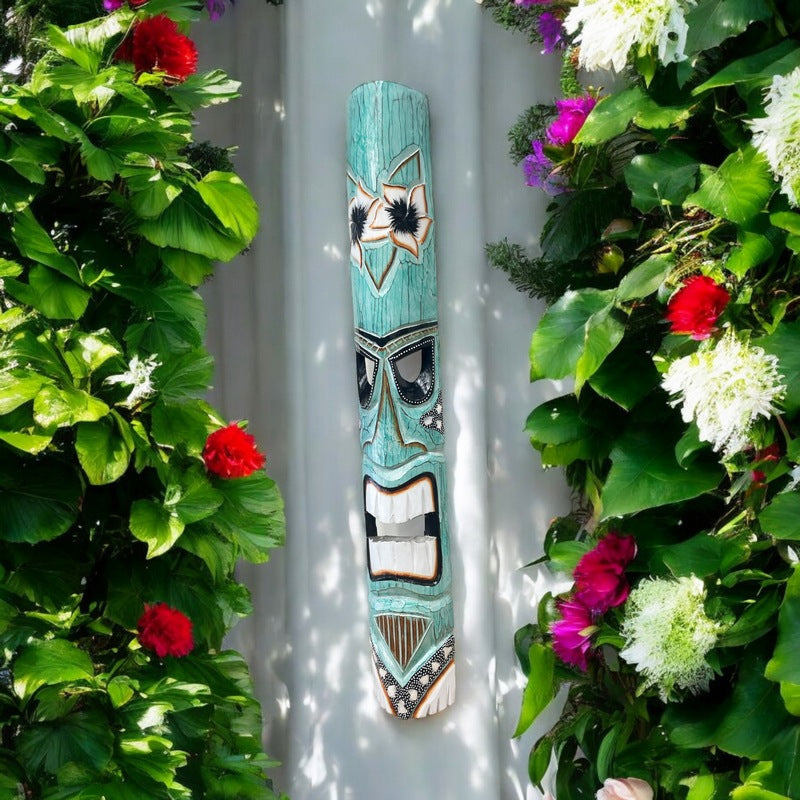 Tiki Mask with Plumeria Flowers | Polynesian Mask 40"