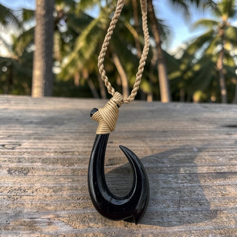 A black bone or wood Māori-style fishhook pendant on a braided tan cord, resting on a weathered wooden surface with blurred palm trees in the background.