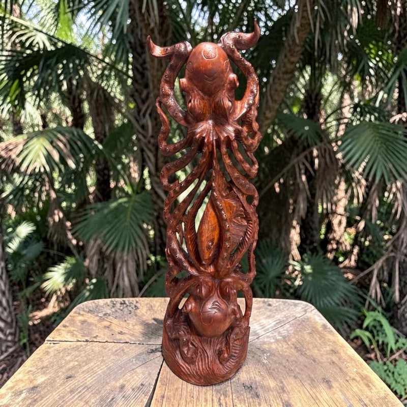 Octopus (He'e) Carving with Fish | Sea Life 40"