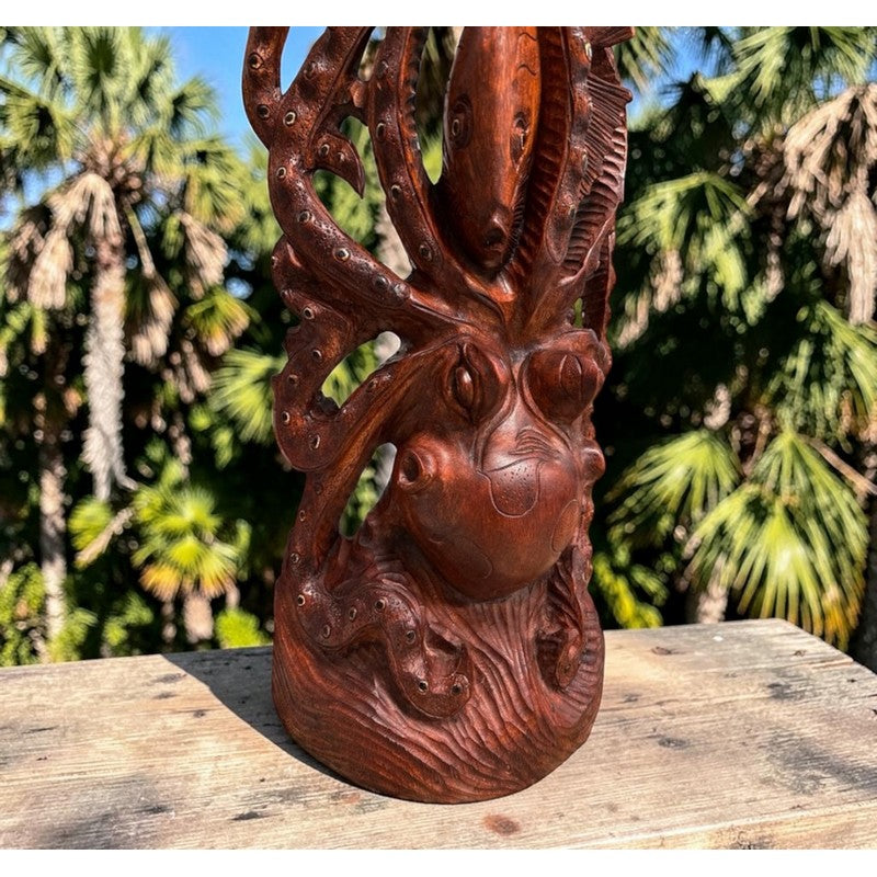 Octopus (He'e) Carving with Fish | Sea Life 40"