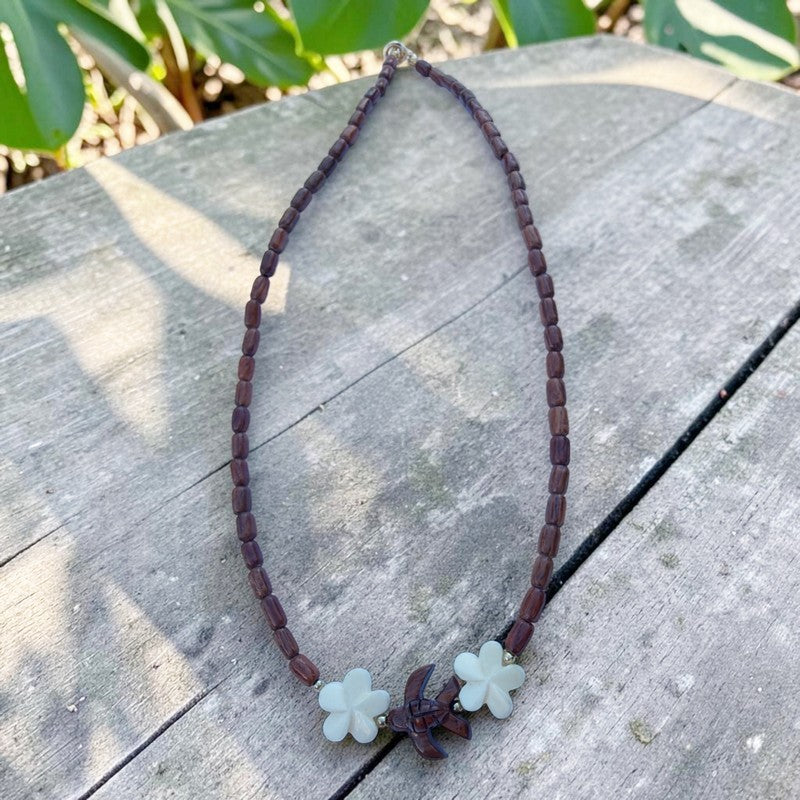 Koa Sea Turtle & Bone Plumeria Necklace 18"