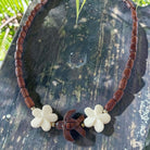 Koa Sea Turtle & Bone Plumeria Necklace 18"