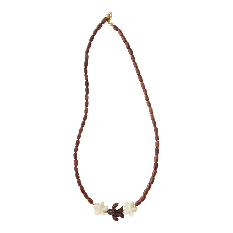 Koa Sea Turtle & Bone Plumeria Necklace 18"