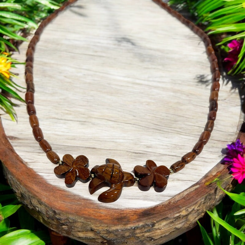 Sea Turtle & Plumeria | Koa Wood Necklace