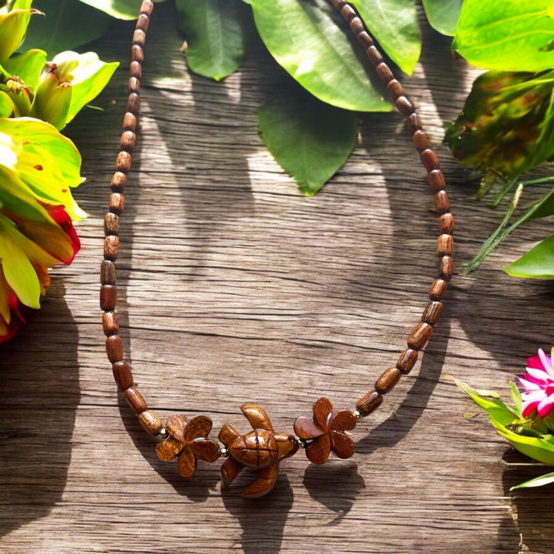 Sea Turtle & Plumeria | Koa Wood Necklace