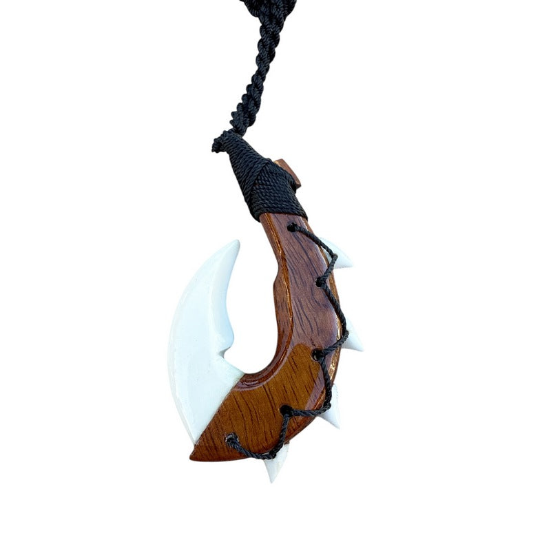 Hawaiian Koa Wood & Bone Fish Hook Necklace - Adjustable Cord Choker