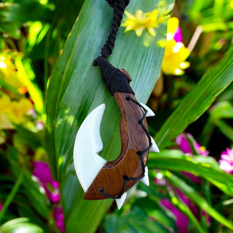 Hawaiian Koa and Bone Makau | Fish Hook Necklace