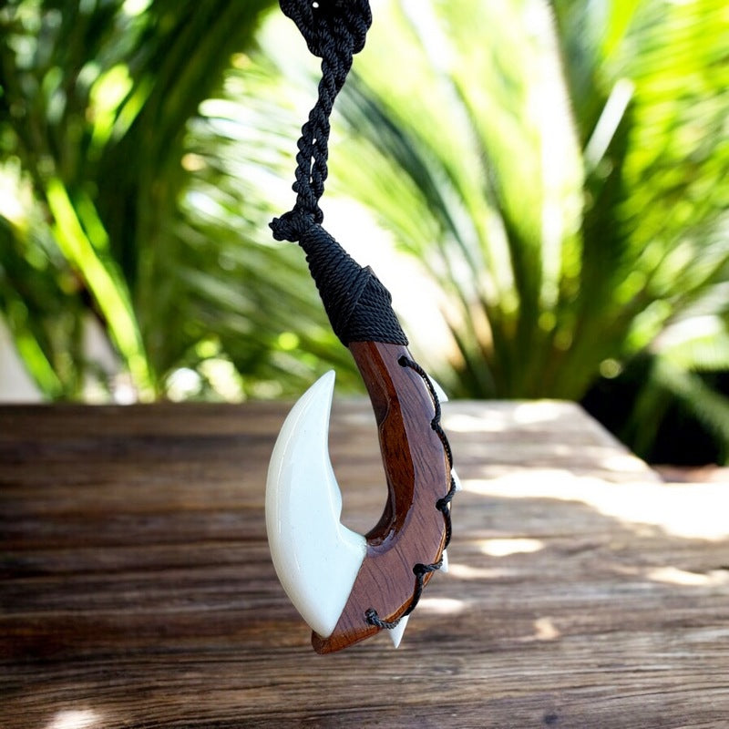 Hawaiian Koa and Bone Makau | Fish Hook Necklace